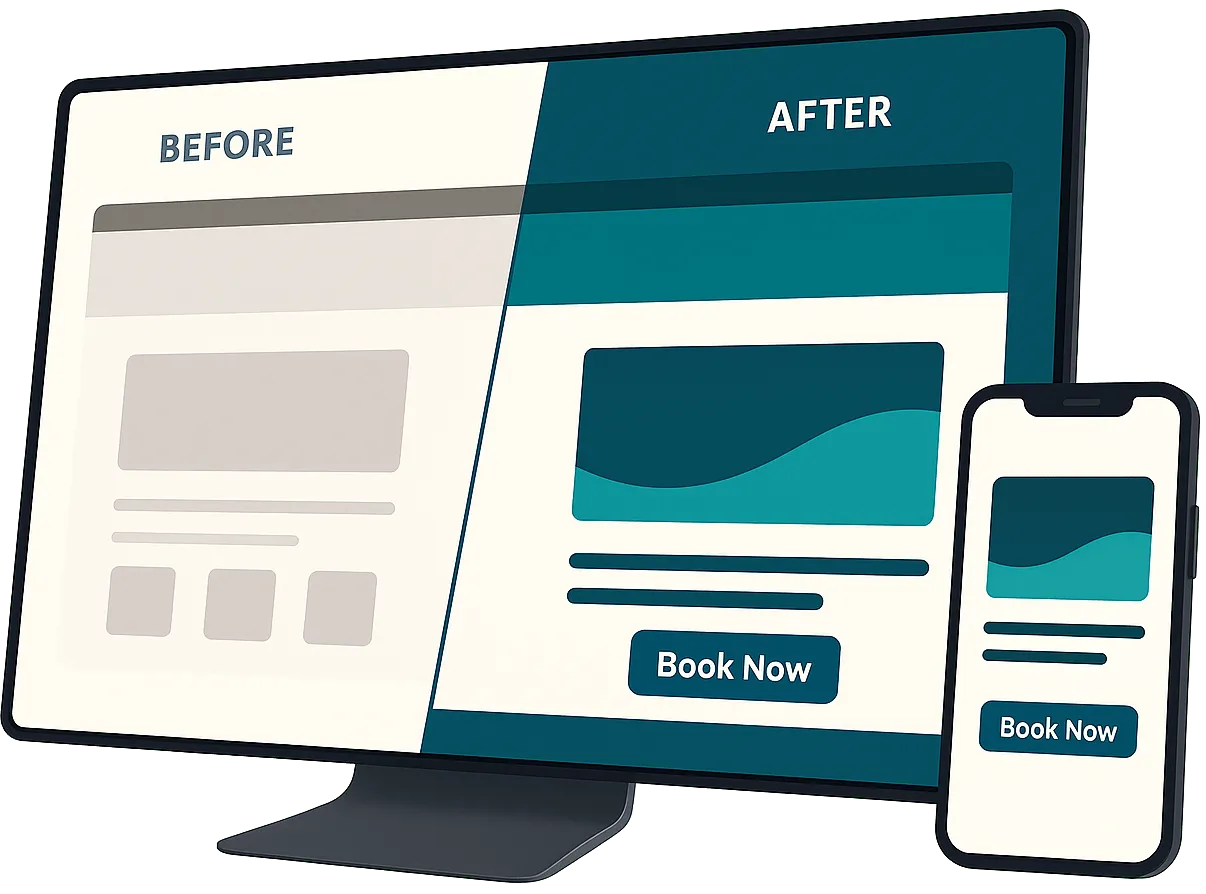 Graphic showing a before and after website design
