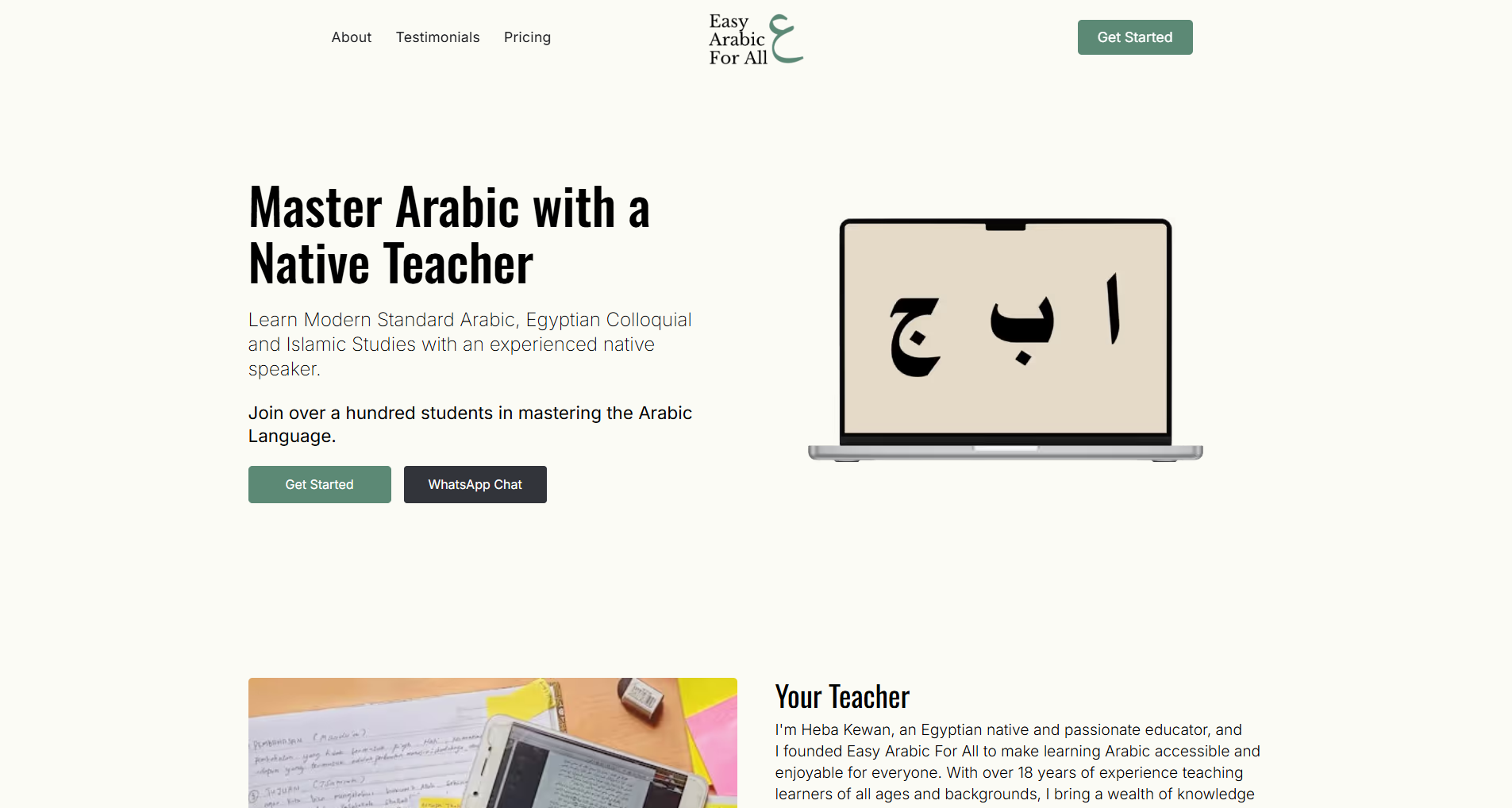 Homepage screenshot of the Easy Arabic for All website