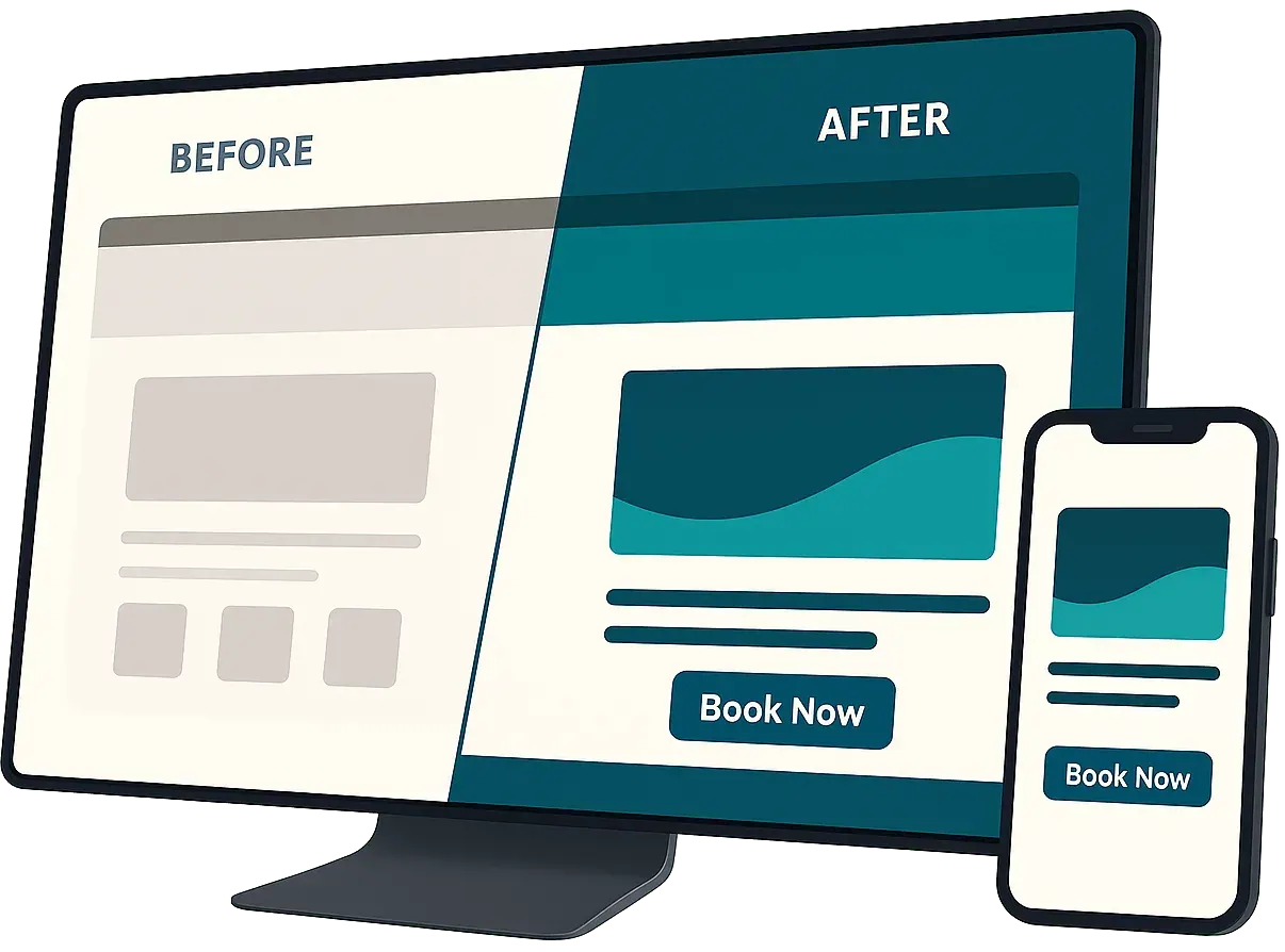 Graphic showing a before and after website design